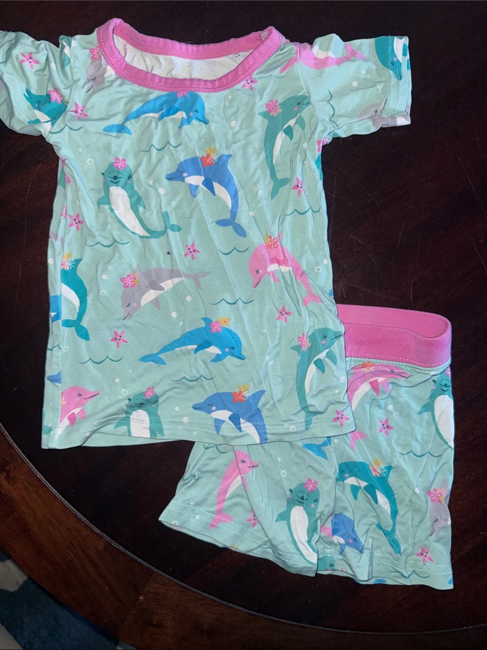 Little Sleepies Mint Dolphin Print Pajama Set with Pink Trim
